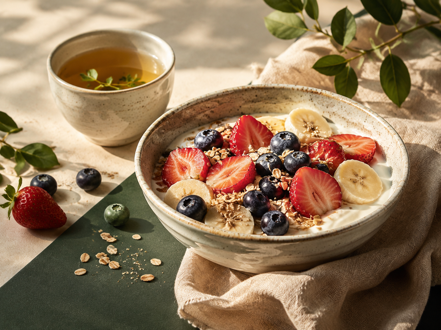 Café da manhã com frutas, aveia e chá